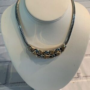 Lanfeld Silver and 14K Gold Leaf Necklace with Blue Gemstones